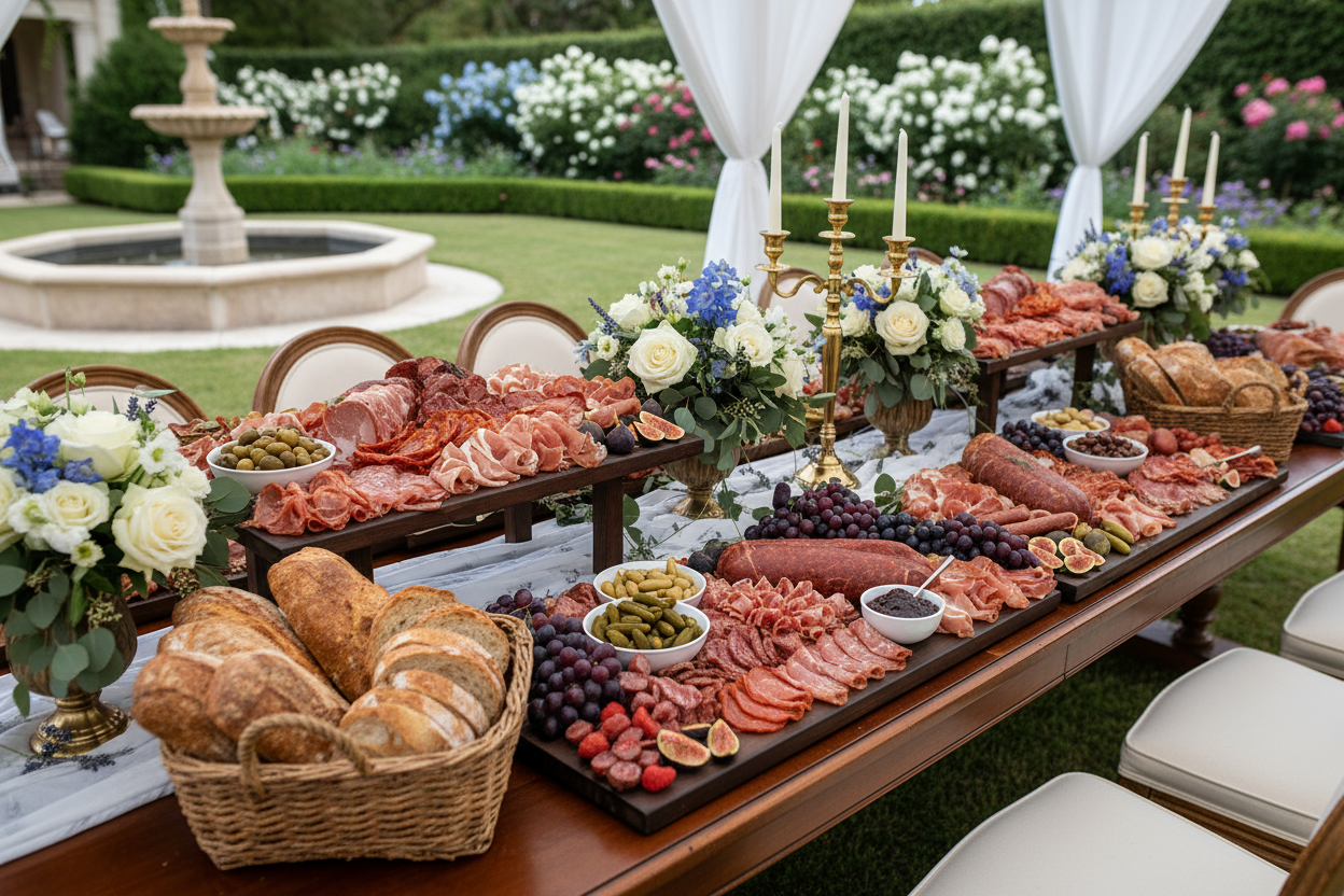Gourmet food display with meats, bread, and flowers on a table outdoors.
