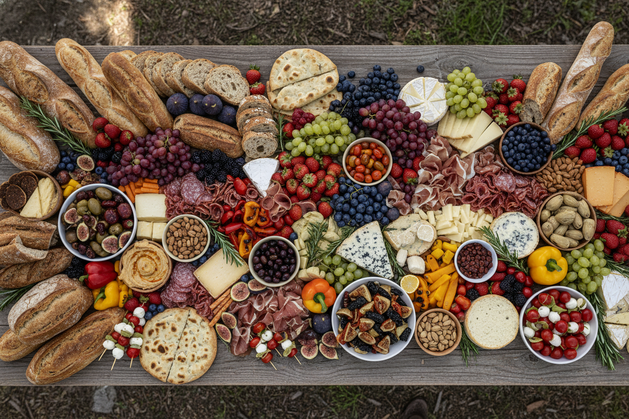 Wooden table with a large assortment of food including bread, fruits, and meats outdoors - a grazing table 